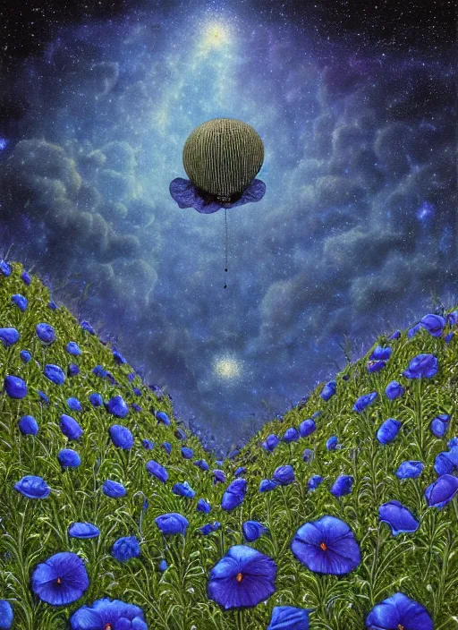 Image similar to detailed, intricate blue black and purple papaverum flower on the field, nebula, galaxy in the sky, winning award masterpiece, fantastically beautiful, illustration, aestheticly inspired, jacek yerka, upscale with anguissola sofonisba work, artstation, 8 k