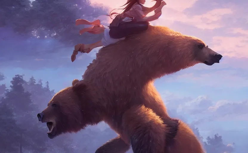 Image similar to a girl riding a grizzly bear, full shot, atmospheric lighting, detailed faces, by makoto shinkai, stanley artgerm lau, wlop, rossdraws