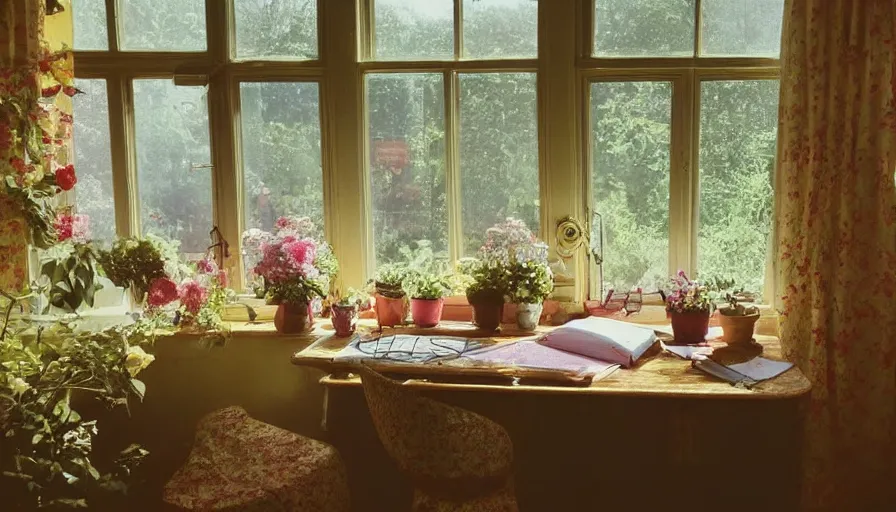 Image similar to 1 9 9 0 s candid 3 5 mm photo of a beautiful day in the a dreamy flowery cottage, cinematic lighting, cinematic look, golden hour, a desk for flower arrangements has sun shinning on it through a window, uhd