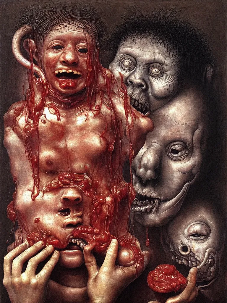 Image similar to a boy like eraserhead and elephant man sitting in a tub full of tomato sauce, looking straight into camera, screaming in desperation, by giuseppe arcimboldo and ambrosius benson, renaissance, fruit, intricate and intense oil paint, a touch of beksinski and hr giger and edward munch, realistic