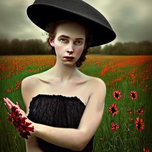 Prompt: a portrait of girl standing in a field, wearing black old dress and hat, detailed hands, by andrea kowch, dark, scene, magic realism, flowers in background,