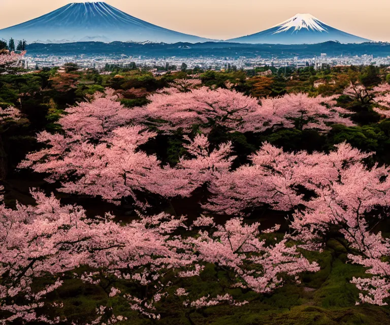 Image similar to a photo of mount fuji, japanese ladscapes, rice paddies, sakura trees, seen from a window of a train. cinematic lighting.