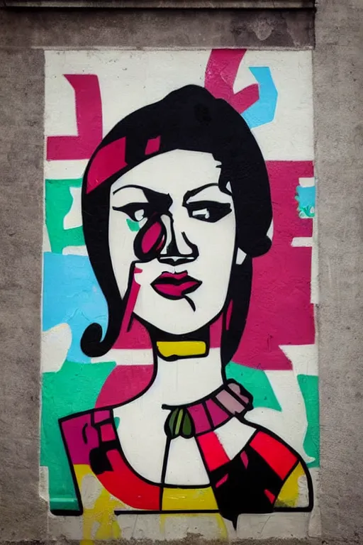 Image similar to a stylized portrait in the style of graffiti street art