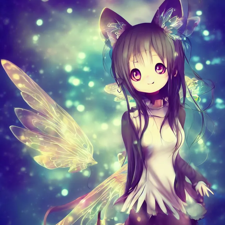 Image similar to cute, full body, female, anime style, a cat girl with fairy wings, large eyes, beautiful lighting, sharp focus, simple background, creative, heart effects, filters applied, illustration