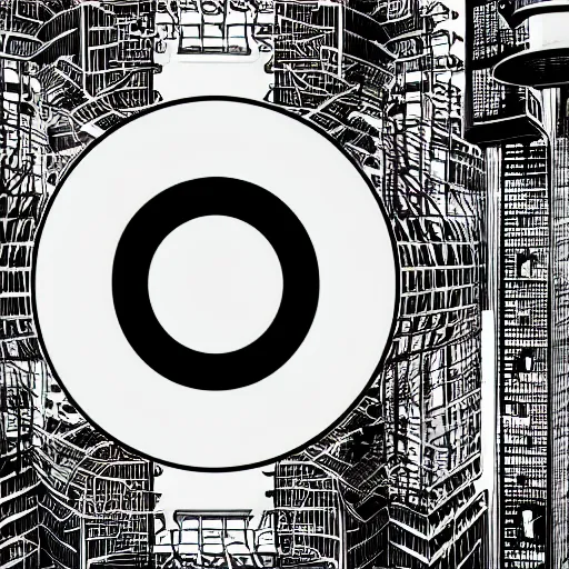 Image similar to a faint yin - yang daoist symbol superimposed on the futuristic cityscape in a utopian well - organized society, black and white multiscale