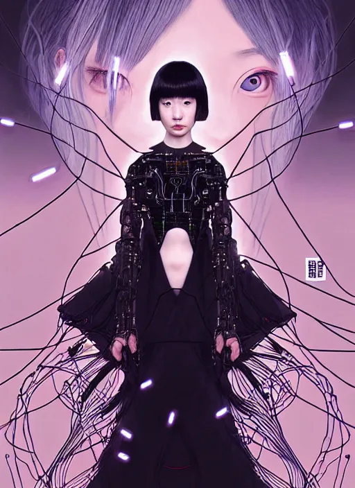 Image similar to kanna hashimoto as a absurdly beautiful cyborg, wearing a black dress, graceful, sophisticated, complex wiring and circuits, tarot card, highly detailed, digital painting, sharp focus, ultra realistic, 8 k, art by artgerm, kim jung gi, irakli nadar