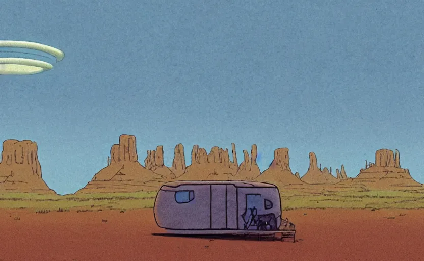 Image similar to a cell - shaded studio ghibli concept art from paprika ( 2 0 0 6 ) of a ufo with lights from close encounters of the third kind ( 1 9 7 7 ) sitting on top of a lush temple that looks like monument valley stonehenge jungle. a caravan is in the foreground. very dull colors, portal, hd, 4 k, hq