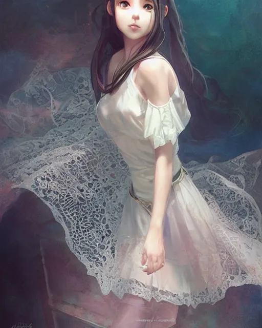 Image similar to aerith gainsborough in lace skirt, portrait, illustration, rim light, top light, perfectly shaded, soft painting, art by krenz cushart and wenjun lin