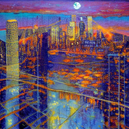 Image similar to impressionistic full - color painting of a distorted mirror reflecting a nightmarish aerial view of boston downtown skyline in 1 9 2 5 at night with a horrifying sky, aerial view, dark, brooding, night, atmospheric, horror, cosmic, ultra - realistic, smooth, highly detailed by dave dorman