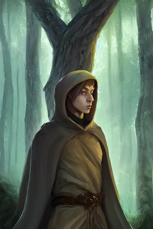 Image similar to beautiful, digital art, portrait painting of a male elf wizard, wearing linen hooded cloth. forest background. artstation, by bartek fedyczak, erak note, tooth wu, neil richards, kan liu, siwoo kim, jisu choe
