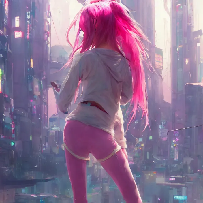 Image similar to a beautiful fullbody portrait of a cute anime girl with pink hairs barefoot wearing sport clothing and leggings under shorts in cyberpunk city. character design by cory loftis, fenghua zhong, ryohei hase, ismail inceoglu and ruan jia. artstation, volumetric light, detailed, photorealistic, fantasy, rendered in octane, rim light