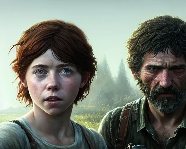 Image similar to highly detailed portrait of sophia lillis and jessie buckley, in the last of us, stephen bliss, unreal engine, fantasy art by greg rutkowski, loish, rhads, ferdinand knab, makoto shinkai and lois van baarle, ilya kuvshinov, rossdraws, tom bagshaw, global illumination, radiant light, detailed and intricate environment