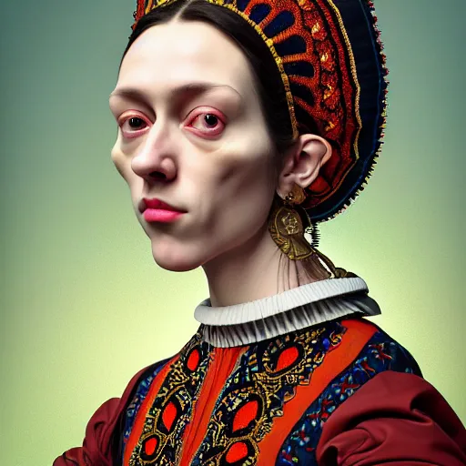 Prompt: Colour Caravaggio style Photography of Highly detailed beautiful Woman wearing detailed Ukrainian embroidery folk costume designed by Taras Shevchenko with 1000 years perfect face wearing highly detailed retrofuturistic VR headset designed by Josan Gonzalez. Many details In style of Josan Gonzalez and Mike Winkelmann and andgreg rutkowski and alphonse muchaand and Caspar David Friedrich and Stephen Hickman and James Gurney and Hiromasa Ogura. Rendered in Blender and Octane Render volumetric natural light