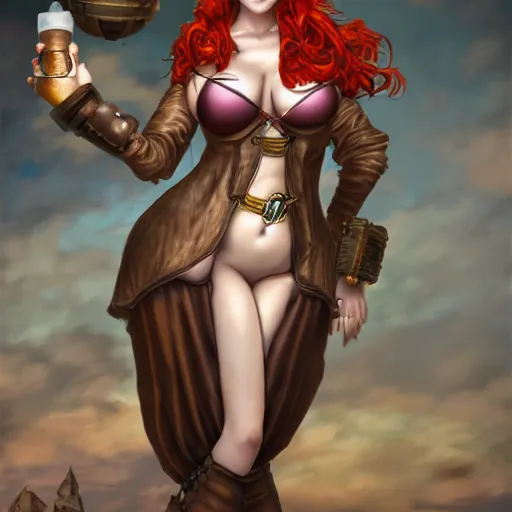 Image similar to redhead steampunk alchemist's body is accidentally inflated with air by an experiment gone wrong. her clothes are stretched tightly around her and she's about to burst from overinflation. hyper realistic full body image