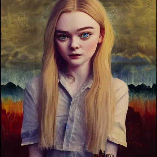 Image similar to alternative movie poster starring Elle Fanning, oil on canvas,