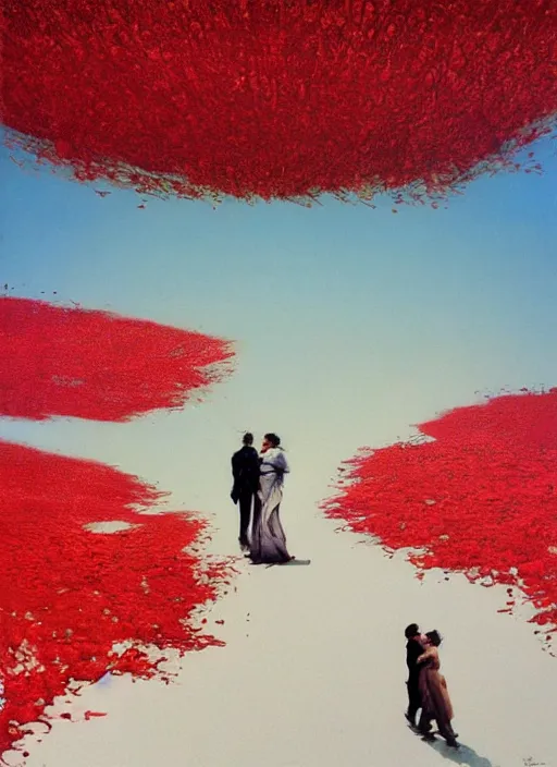 Image similar to two people in a field of red flowers and the world crushing around them, red sky, surreal, vivid colors, painting by Alexander Mandradjiev, part by Yoji Shinkawa, part by Norman Rockwell
