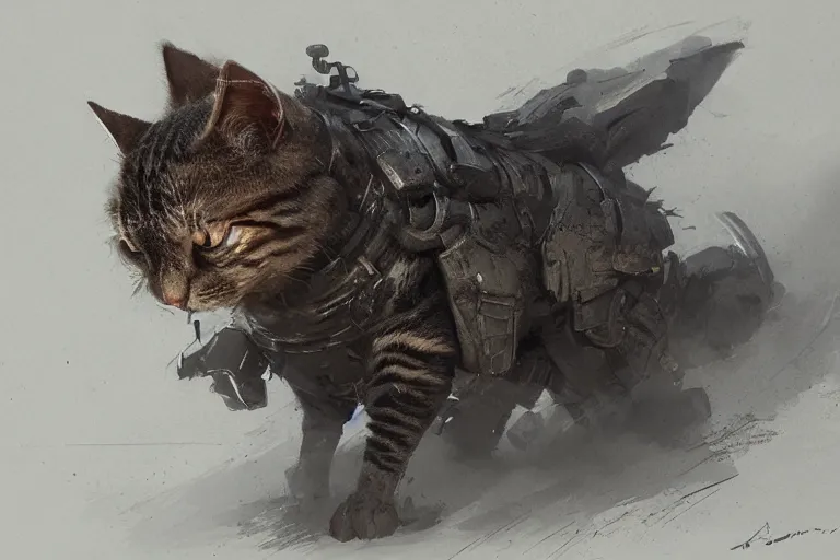 Image similar to armored cat by jean - baptiste monge, high quality, high resolution, 4 k, painted by cgsociety, rutkowski, gurney with ambient lighting, concept art, detailed, smooth, dynamic volumetric cinematic lighting, octane, raytrace