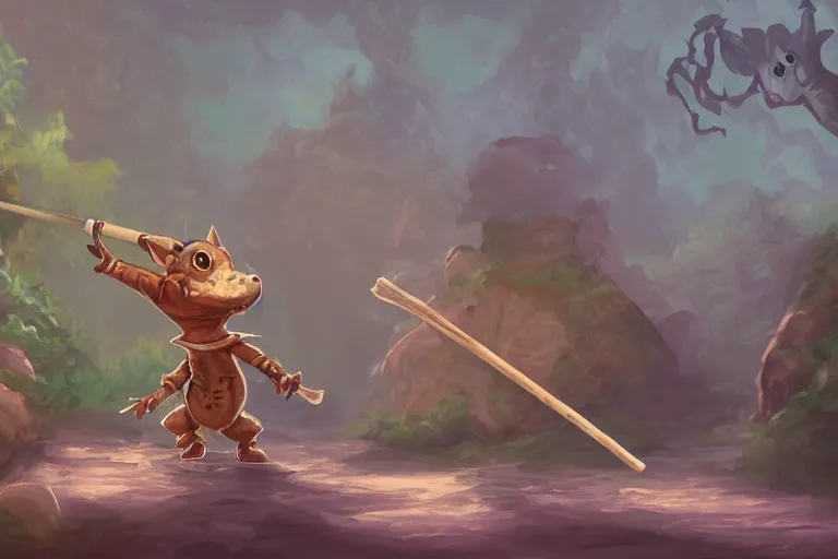 Image similar to a lone d & d kobold, traveling long dirt road, carrying a bindle on a stick, fantasy setting, 4 k, digital art 🎨🖌