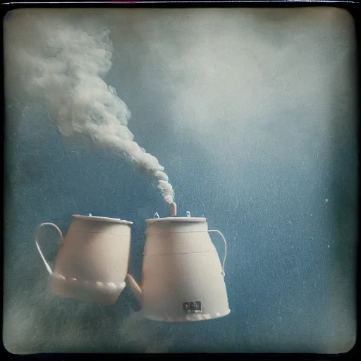 Image similar to huge teapots, cloth and smoke underwater polaroid