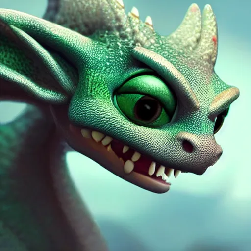 Image similar to a cute little baby dragon, portrait, pixar style, extremely realistic photo, heaven background, cinematic lighting, award winning creature portrait photography