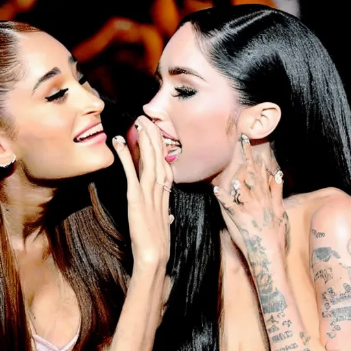 Prompt: Ariana Grande and Megan Fox whispering to each other and giggling whilst glancing at the viewer