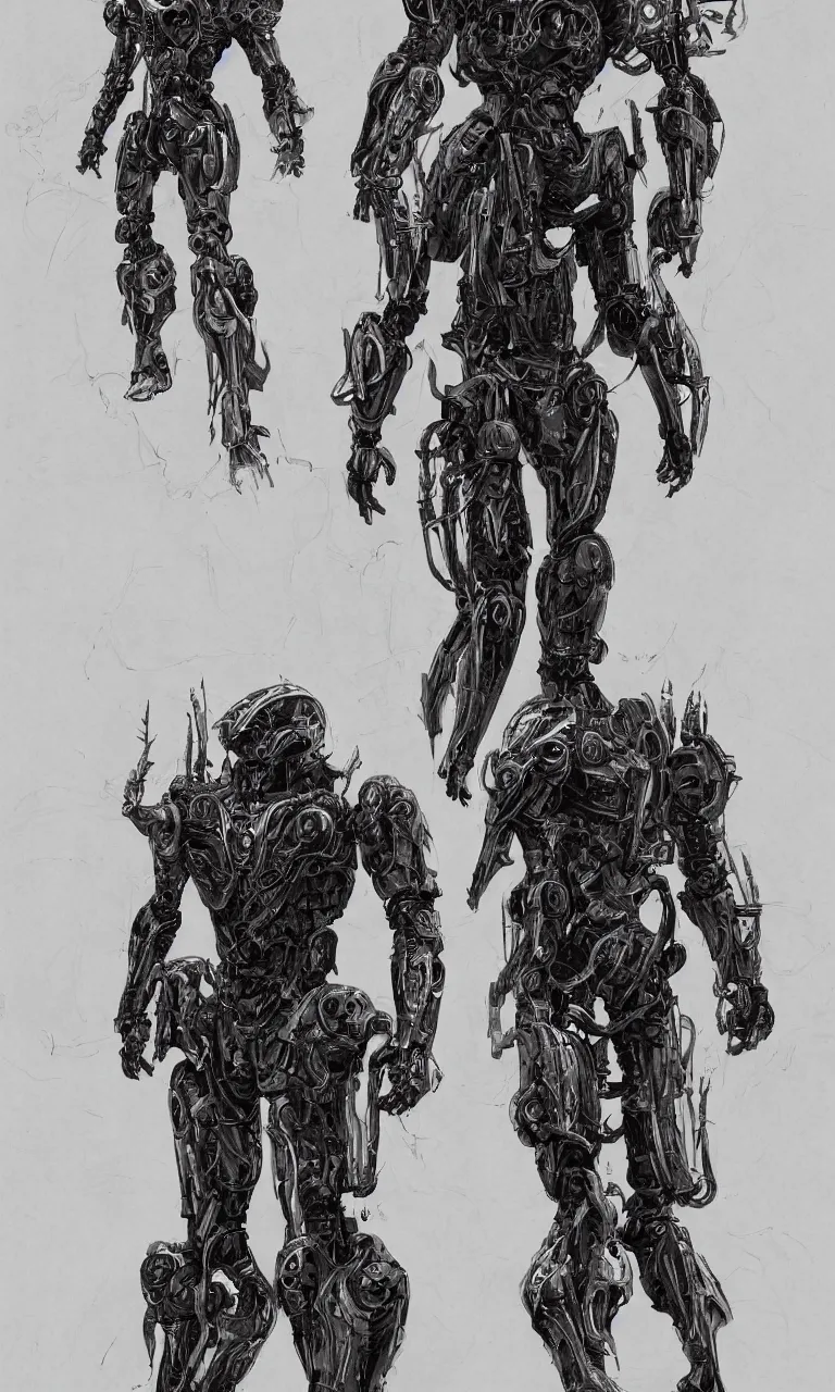 Image similar to full page scan of 1 7 0 0 concept art, a occult robot armor, character design, symmetrical fullbody rendering, bliblical, inspired by elden ring, by hr giger, sadan vague, yoji shinkawa, craig mullins, emil melmoth, artstation, highly detailed, 4 k post - processing, 8 k resolution + dof