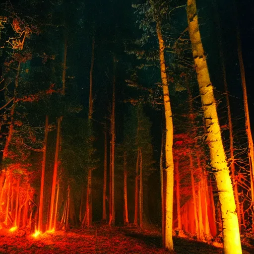 Prompt: dark forest night lights dim red volumetric rendering rave