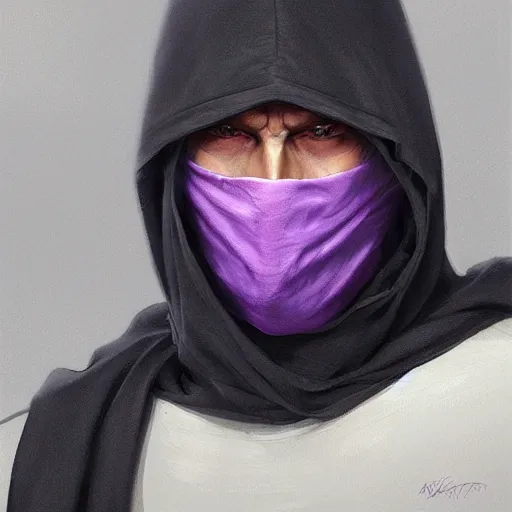 Image similar to ultra realistic illustration, man in a black hood, in a striped purple balaclava, mysterious, highly detailed, digital painting, artstation, concept art, smooth, sharp focus, illustration, art by artgerm and greg rutkowski and alphonse mucha