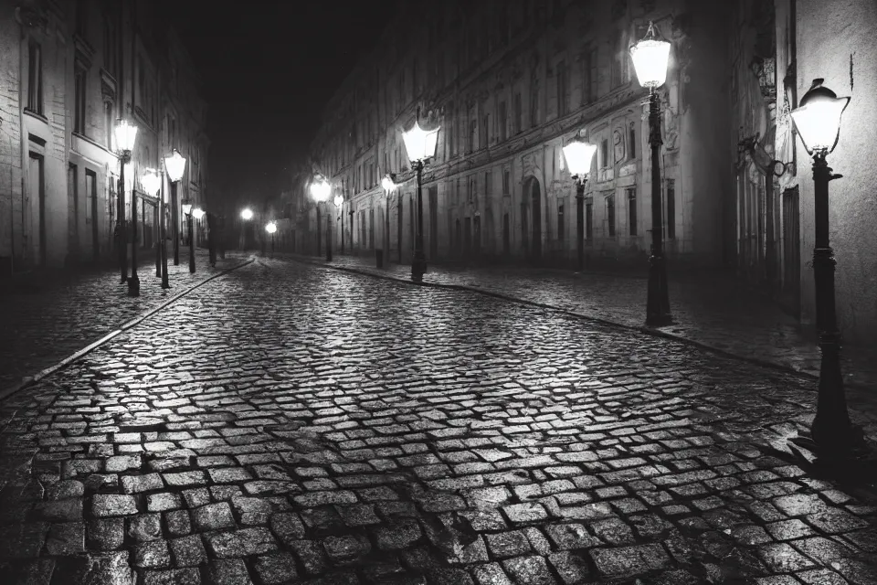 Image similar to wet plate, empty night along cobblestone street in vienna, night time, alone, lamplight, victorian era, depth of field, very detailed, fog, highly accurate, intricate