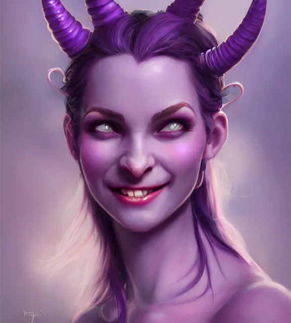 Prompt: cute female tiefling smiling wearing pale purple halter top, perfect face, horns, blue hair, abs, cinematic, blush, stunning, elegant, highly detailed, psychedelic, digital painting, artstation, smooth, hard focus, illustration, art by jessica rossier and and brian froud