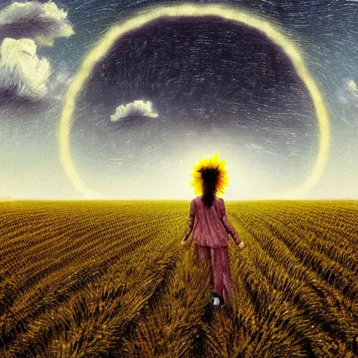 Image similar to huge sunflower head, girl walking in wheat field, hills, surreal photography, dark night, star trails, dramatic light, impressionist painting, clouds, digital painting, artstation, simon stalenhag