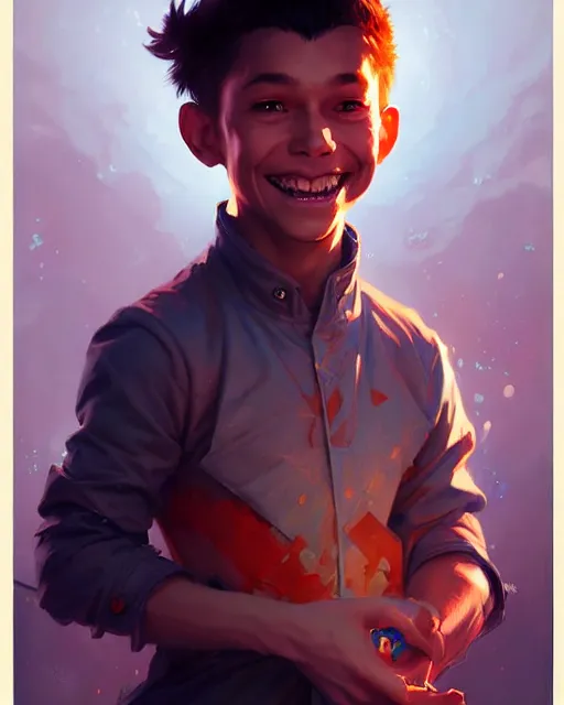 Image similar to digital art, fantasy portrait of a boy with a large smile, by james jean and greg rutkowski, by ross tran, ultra detailed, character design, concept art, trending on artstation,