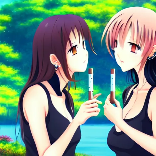 Image similar to two beautiful lesbian girls in love, smoking from a weed bong, sitting in front of a lake, in the style of anime, close - up, highly detailed face, 4 k, artstation, intricate, elegant, highly detailed, lush, stylized, japanese, smooth