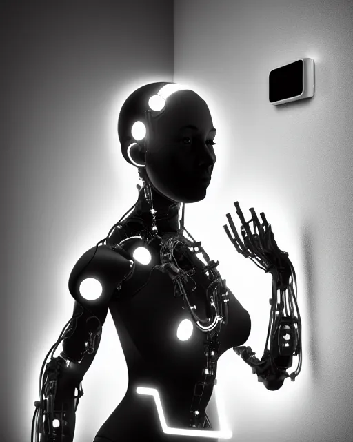 Image similar to black and white artistic photo, full figure, young female cyborg - vegetal, microchip, artificial intelligence, bio - mechanical bio - luminescence, black wired cables, cinematic, rim light, photo - realistic, 8 k