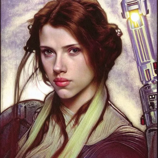 Prompt: head and shoulders portrait of a female knight gazing into camera, jedi, young scarlett johansson, star wars, lightsaber, by alphonse mucha, face detail, extremely detailed, art nouveau painting