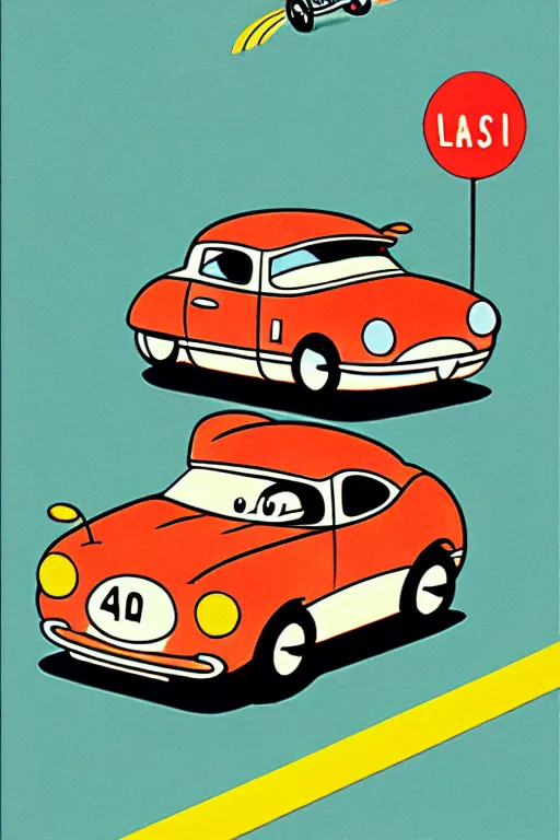 Image similar to by richard scarry. car racer cat. a 1 9 5 0 s retro illustration. studio ghibli. muted colors, detailed