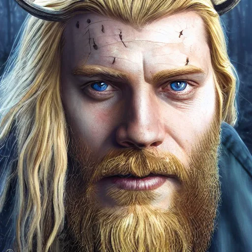 Prompt: an portrait of an happy male viking, long blonde hair, beard, eye scar, lip scar, detailed, centered, digital painting, artstation, concept art, donato giancola, Joseph Christian Leyendecker, WLOP, Boris Vallejo, Breathtaking, 8k resolution, extremely detailed, beautiful, establishing shot, artistic, hyperrealistic, beautiful face, octane render