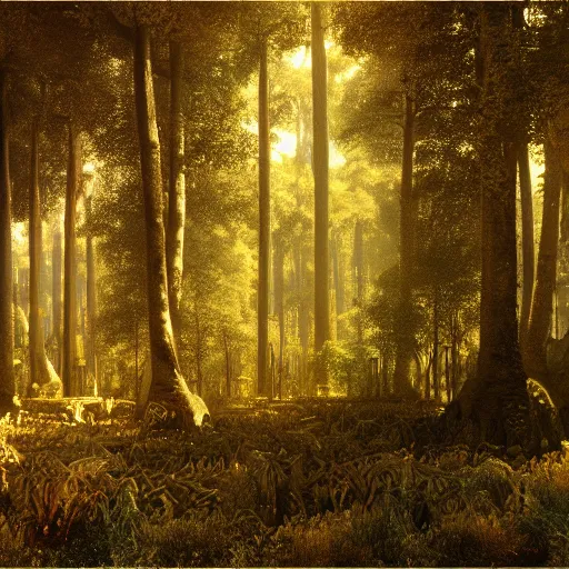 Image similar to a golden ivory forest by gustave moreau and gustave dore, 8k, octane render, art nouveau