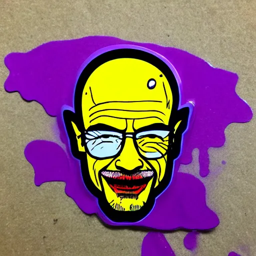 Prompt: die cut sticker, walter white laughing like the joker, splatter paint