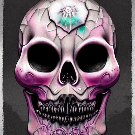 Image similar to digital art painting pastel goth aesthetic, creepy kawaii skull, highly detailed, highly intricate, artstation