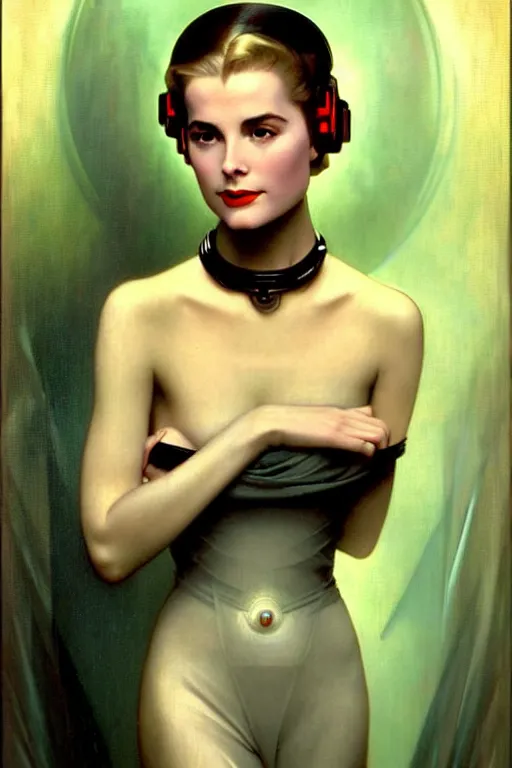 Image similar to young and beautiful evil cyborg grace kelly by steichen from the future in the style of tom bagshaw, alphonse mucha, gaston bussiere, cyberpunk. anatomically correct surreal body mods. extremely lush detail. masterpiece. melancholic scene infected by night. perfect composition and lighting. sharp focus. high contrast lush surrealistic photorealism. sultry expression on her face.