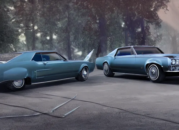 Prompt: combine 1 9 6 7 cadillac fleetwood 7 5 and ford mustang 1 9 7 0. design by cory loftis, fenghua zhong, bradbuilds, ryohei hase, ismail inceoglu, ruan jia, henrik fisker, bruce kaiser, scott robertson, dmitry mazurkevich, doruk erdem, and jon sibal. volumetric light