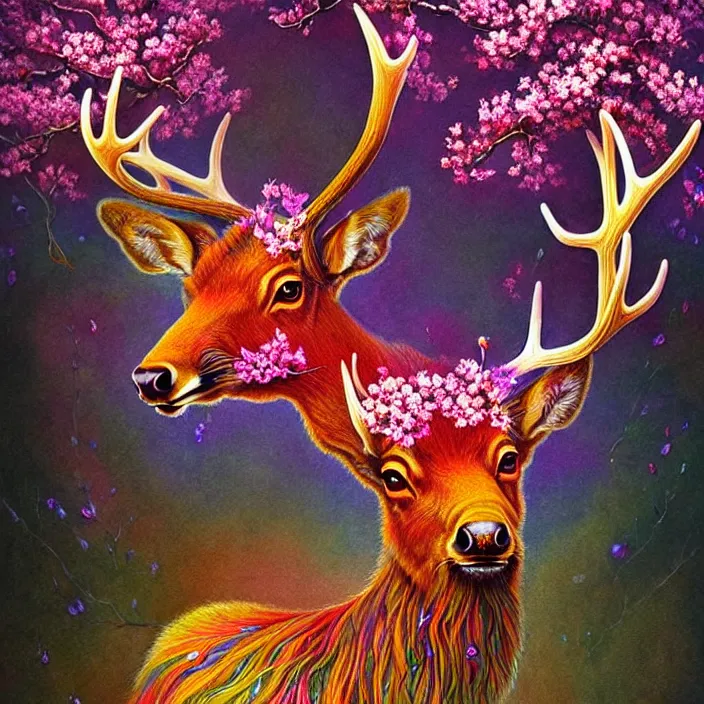 Image similar to extremely psychedelic elk made of orchid and cherry blossom tree and mushroom, LSD, diffuse lighting, fantasy, intricate, elegant, highly detailed, lifelike, photorealistic, digital painting, artstation, illustration, concept art, smooth, sharp focus, art by John Collier and Albert Aublet and Krenz Cushart and Artem Demura and Alphonse Mucha