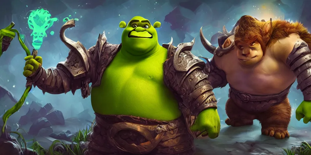 Prompt: Shrek as a League of legends champion, splash art made by Mike Azevedo, trending on art station