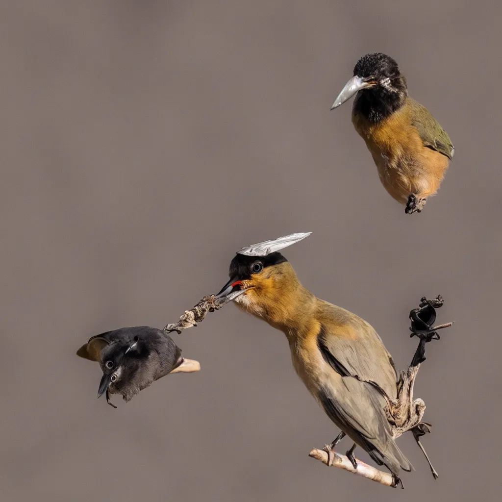 Image similar to photo of a bird holding a knife in it's mouth, ultra high detail, 8 k, ambient lighting, nature photograph, 3 5 mm lens, award winning photography.