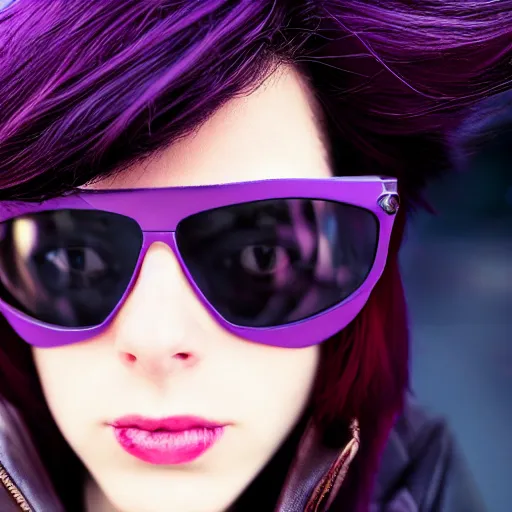 Prompt: close up portrait of a caucasian young cyberpunk woman, dark purple hair, black aviators, leather jacket, vibrant dynamic portrait by makoto shinkai