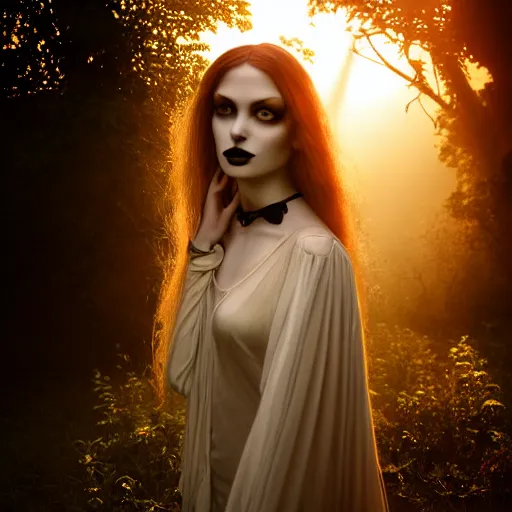 Image similar to photographic portrait of a stunningly beautiful gothic female in soft dreamy light at sunset, god rays, contemporary fashion shoot, by edward robert hughes, annie leibovitz and steve mccurry, david lazar, jimmy nelsson, breathtaking, 8 k resolution, extremely detailed, beautiful, establishing shot, artistic, hyperrealistic, beautiful face, octane render