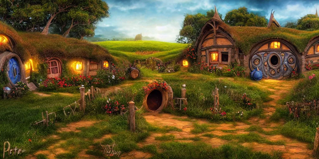 Prompt: Hobbiton but the houses are made from shipping containers, realistic, highly detailed, digital painting, smooth, sharp focus, cinematic lighting, Peter Jackson