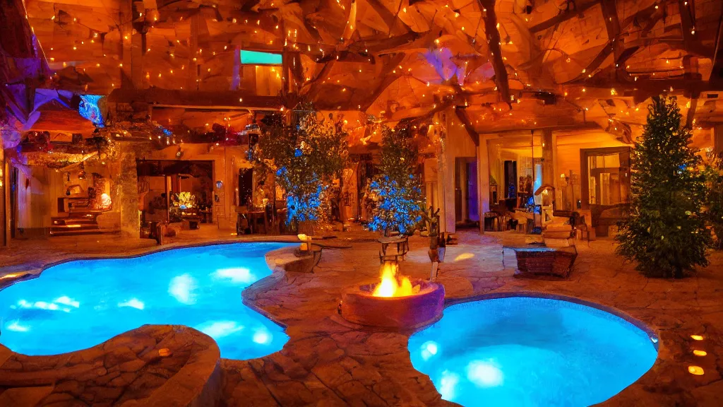 Image similar to party at midnight, in a modern house, peyote colors, fire pit, pool, hot tub, sauna, candles, people, cozy, warm, beautiful, cozy environment, ornate, intricate, glowing emitting light ornaments, 8 k, rule of thirds, cinematic, highly detailed, movie still