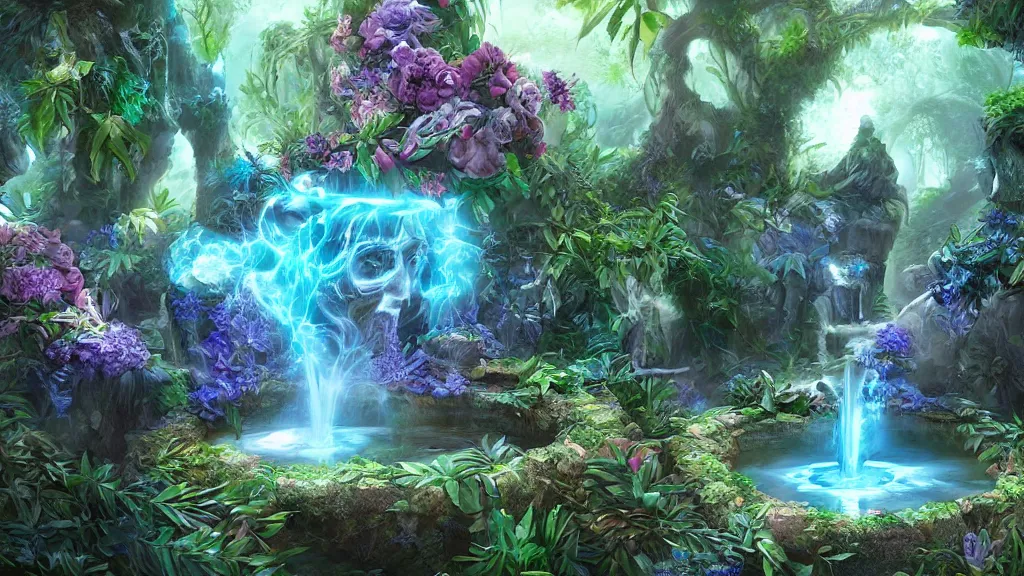 Prompt: immortality fountain, well, in the jungle. bloom, blue lighting. fantasy, digital painting, hd, hyper detailed.